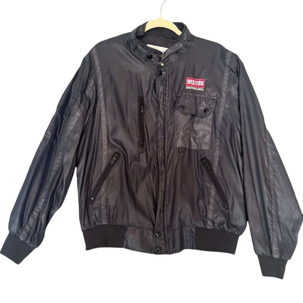 Vintage 80s Western Snowplows Mens XL Black Work Nylon Lined Bomber Jacket Coat